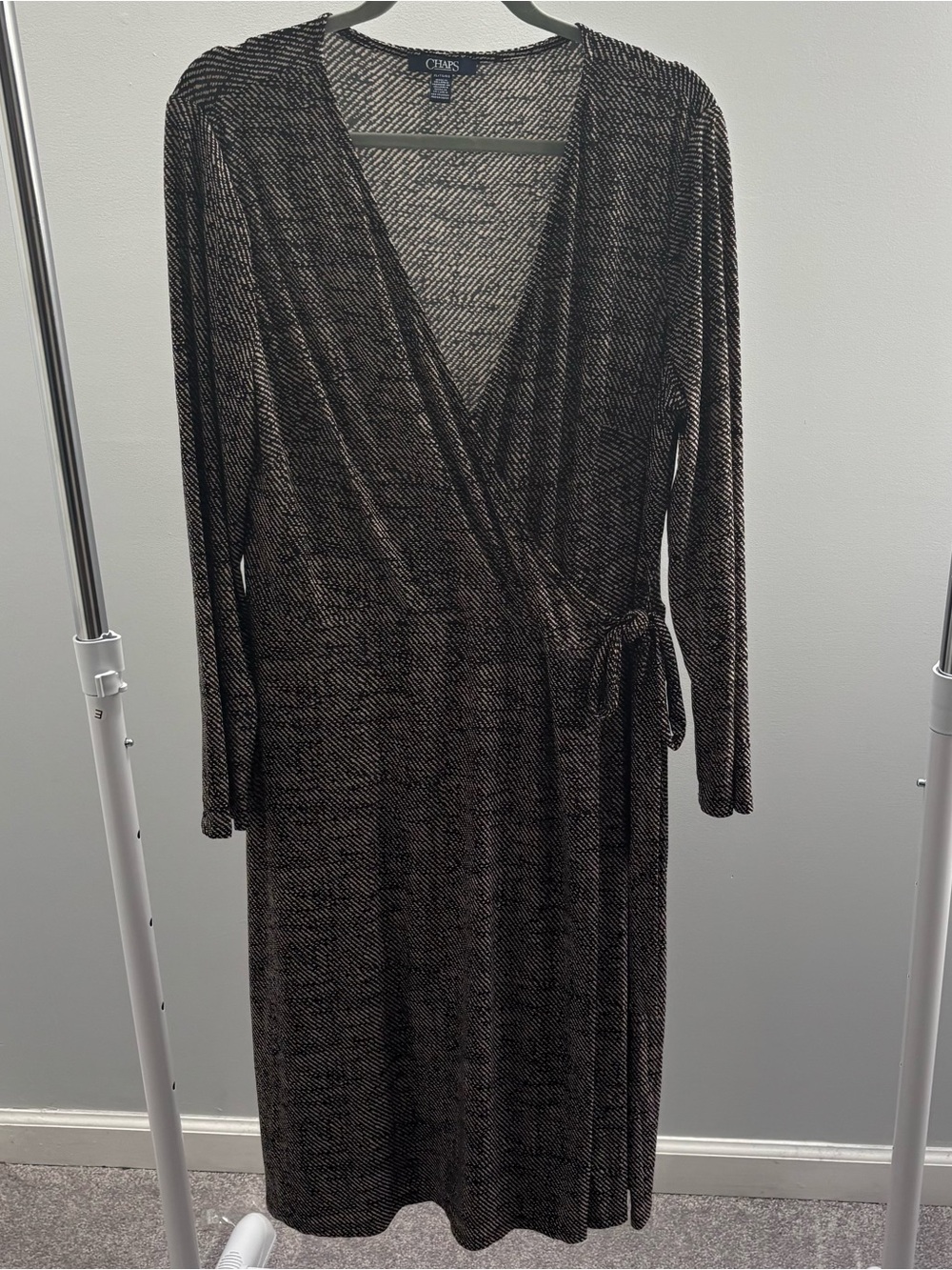 Chaps Brown and Tan Abstract Ditsy Dot Faux Wrap Dress with Tie Waist